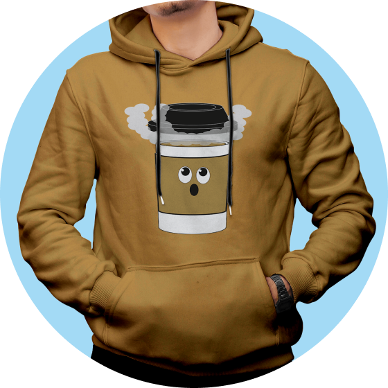 סווצ'ר בצבע חום עם ציור של קפה מתפוצץ