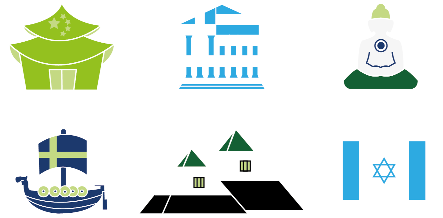 6 אייקונים בצבעי הדגל בודהה להודו, מבנה עתיק ליוון, מבנה עתיק לסין, פירמידות למצריים, סירה לנורדיים ומגילה לישראל