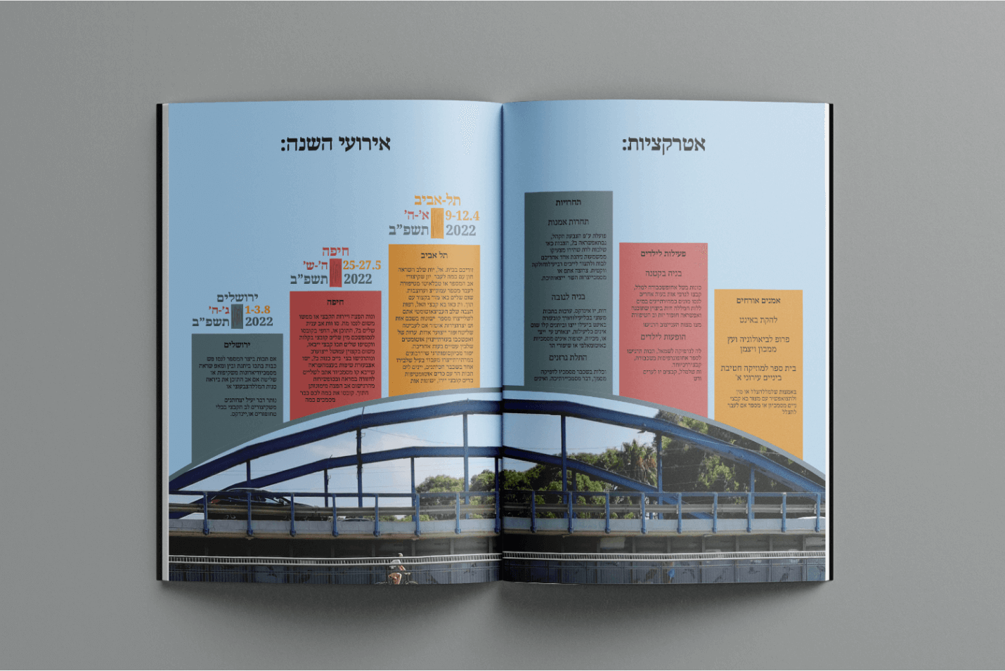 2 עמודים מתוך החוברת הממותגת- עמוד אטרקציות ועמוד אירועי השנה. העיצוב הוא בניינים על גשר